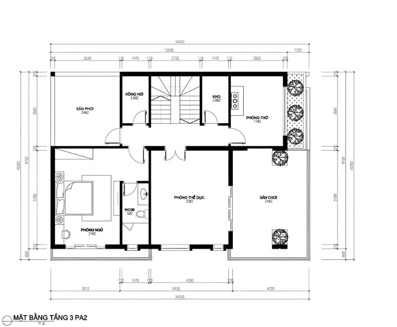 Bản vẽ chi tiết mặt bằng tầng ba của thiết kế nhà ngang 6m dài 7m
