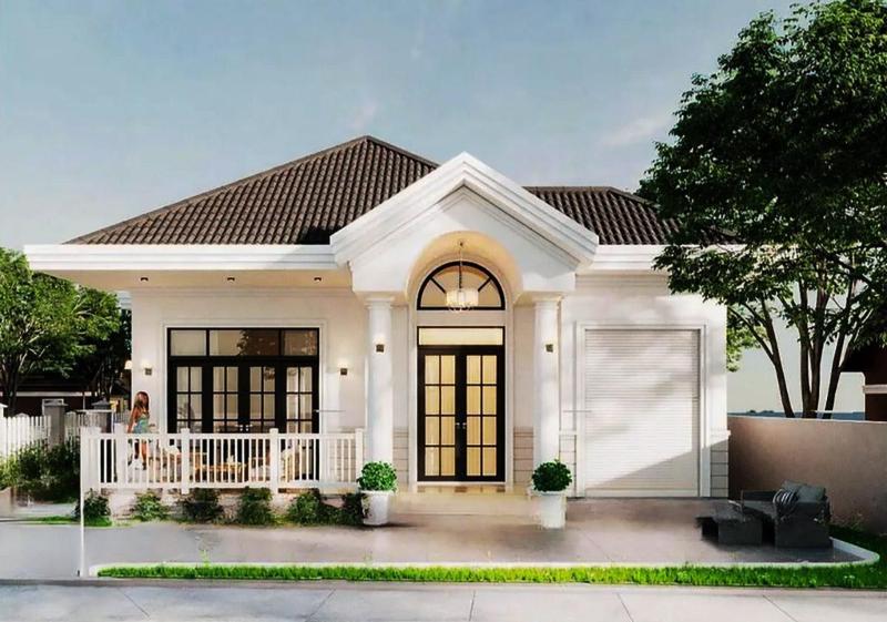 Mẫu nhà ngang 8m dài 14m phong cách tân cổ điển tone màu trắng ngà