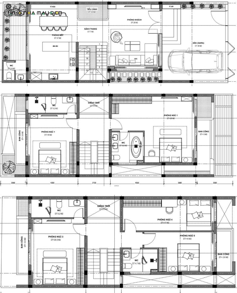Mẫu nhà 3 tầng ngang 8m dài 14m