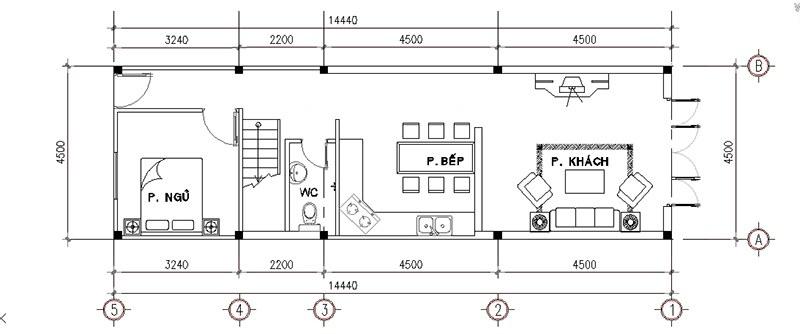 Mặt bằng tầng 1 của bản vẽ thiết kế nhà ống 2 tầng 4.5 x15m