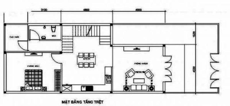 Bản vẽ công năng tầng 1 của mẫu nhà ống 2 tầng 5x16m mái lệch
