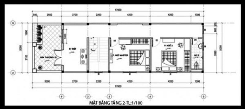 Bản vẽ công năng tầng 2 nhà 5x16m có 3 phòng ngủ