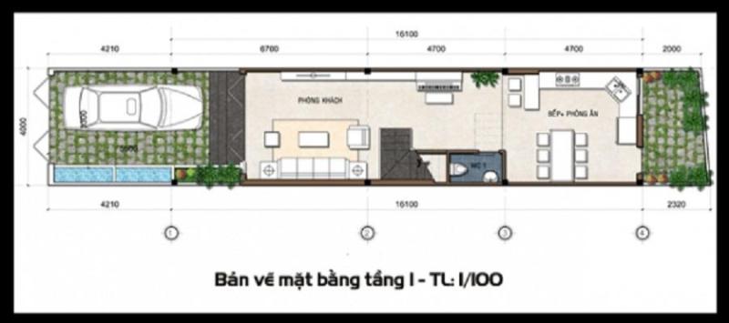 Bản vẽ tầng 1 nhà ống 2 tầng 5x16m có gara ô tô