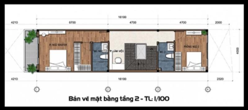 Bản vẽ tầng 2 nhà ống 2 tầng 5x16m có gara ô tô