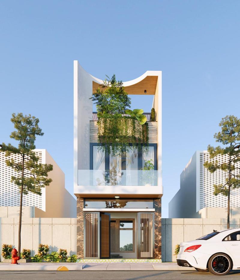 Mẫu thiết kế nhà phố 4x16m với ban công bằng các chất liệu hiện đại