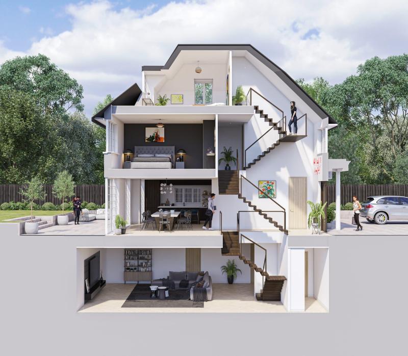 Mẫu nhà vườn 3 tầng diện tích 10x20m mái lệch độc đáo