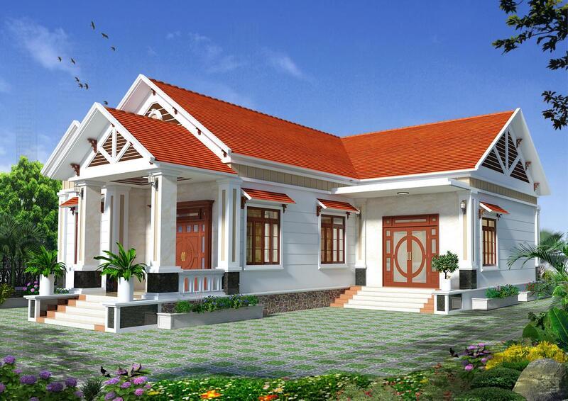 Mẫu thiết kế nhà mái Thái có sân vườn với độ dốc cao giúp thoát nước tốt