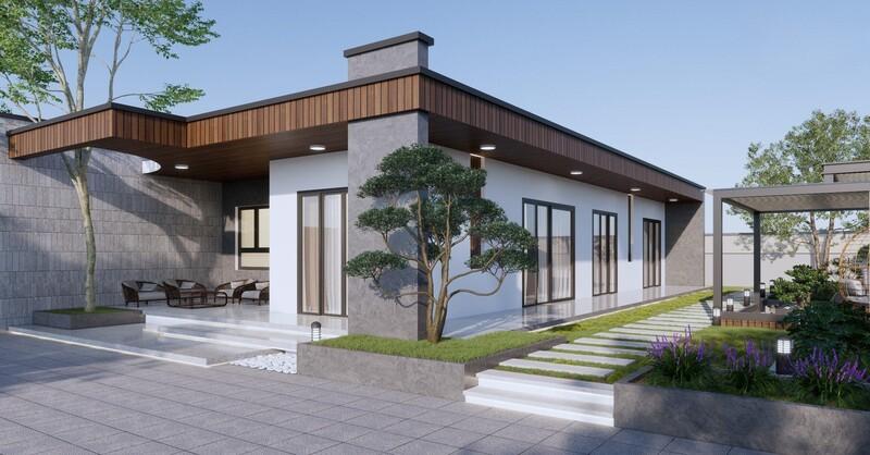 Mẫu nhà vườn cấp 4 với cách bố trí liền mạch giữa các không gian giúp mở rộng và thuận tiện trong sinh hoạt