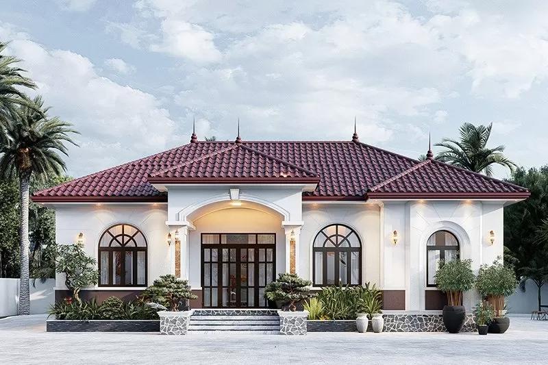 Mẫu nhà vuông 10x10 1 tầng phong cách truyền thống có thêm sân vườn