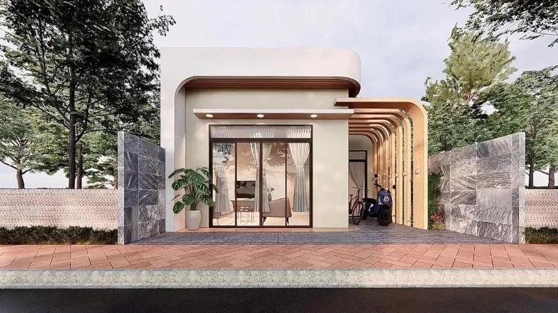 Sử dụng các chất liệu hiện đại để tạo điểm nhấn cho mặt tiền nhà phố 1 tầng ngang 6m