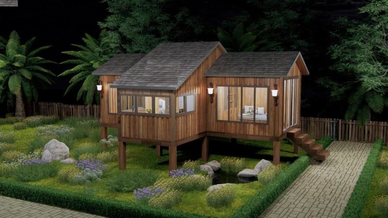 Mẫu nhà gỗ sân vườn kiểu nhà sàn được xây dựng hoàn toàn bằng gỗ tự nhiên
