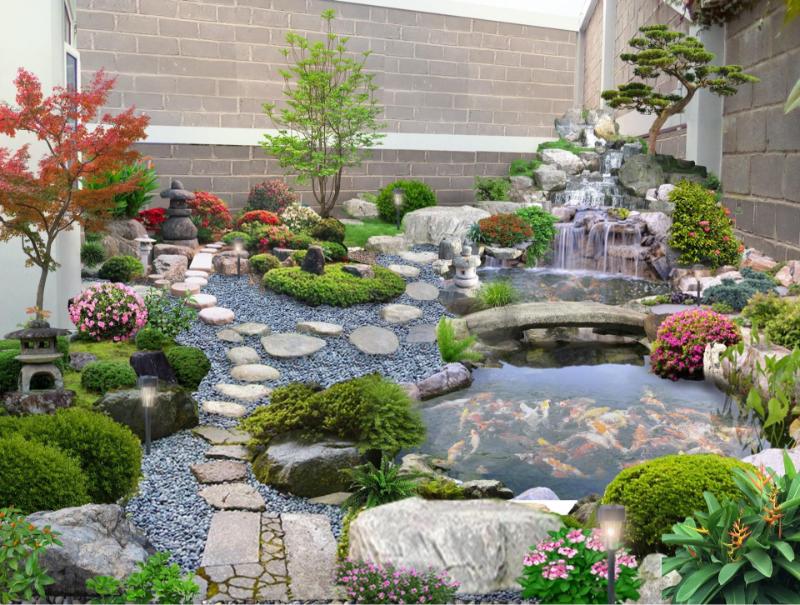 Mẫu sân vườn nhỏ trước nhà cấp 4 kết hợp hồ cá tạo không gian thoáng mát