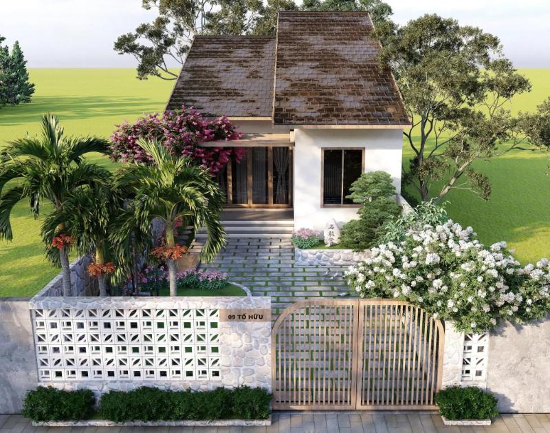 Không gian sân vườn phía trước nhà cấp 4 với giàn hoa leo rực rỡ sắc màu