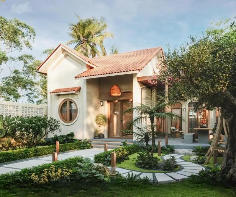 Mẫu thiết kế sân vườn mini trước nhà cấp 4 mái Thái hiện đại