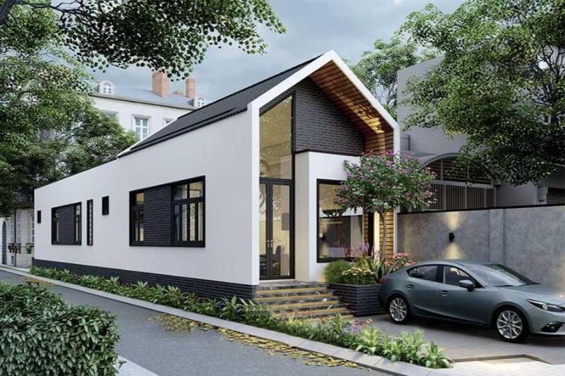 Mẫu sân vườn nhỏ trước nhà cấp 4 mái Thái sử dụng nhiều chất liệu mới