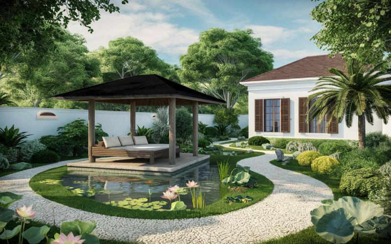 Mẫu sân vườn kết hợp hồ cá trước nhà cấp 4 sở hữu tính thẩm mỹ cao