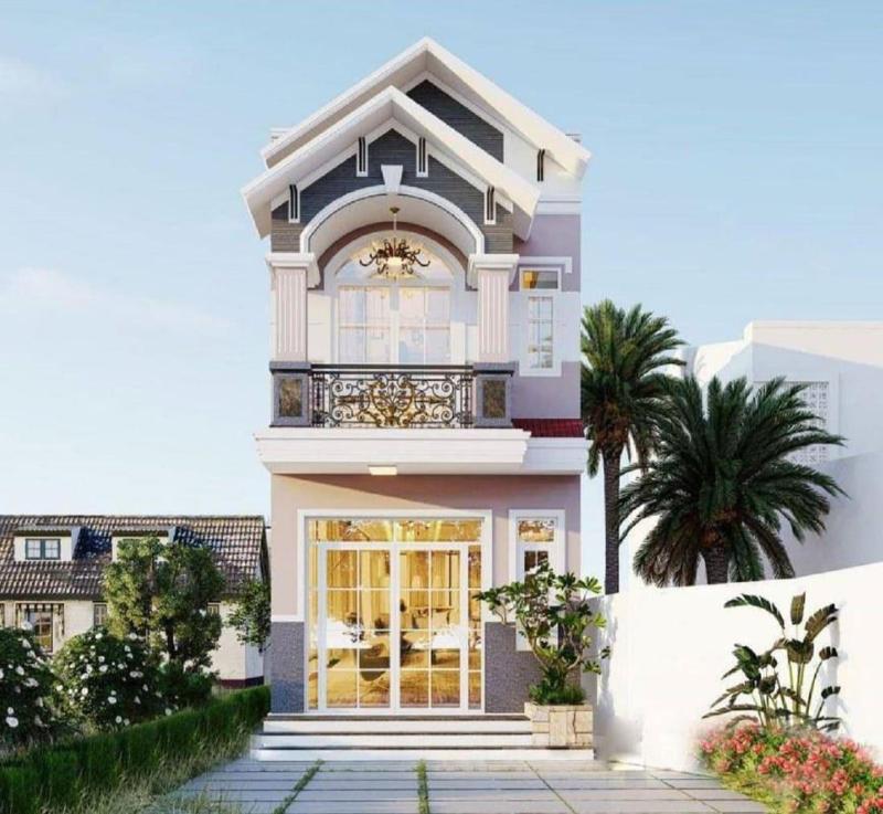 Mẫu thiết kế nhà 4x10m có tầng lửng mái Thái phong cách tân cổ điển