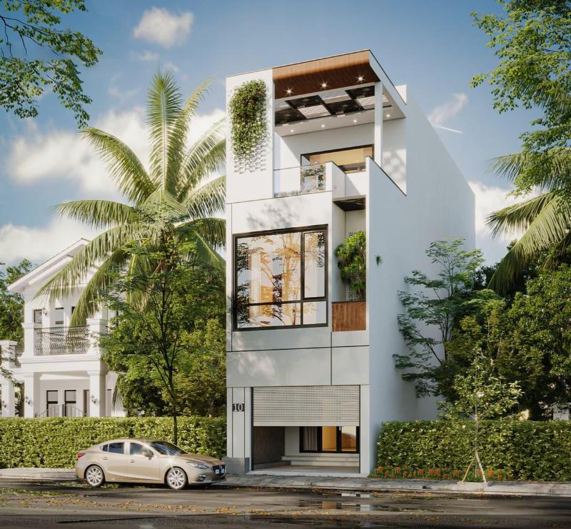 Mẫu thiết kế nhà 3 tầng 4x20 được tạo điểm nhấn bằng cây cảnh xanh mát