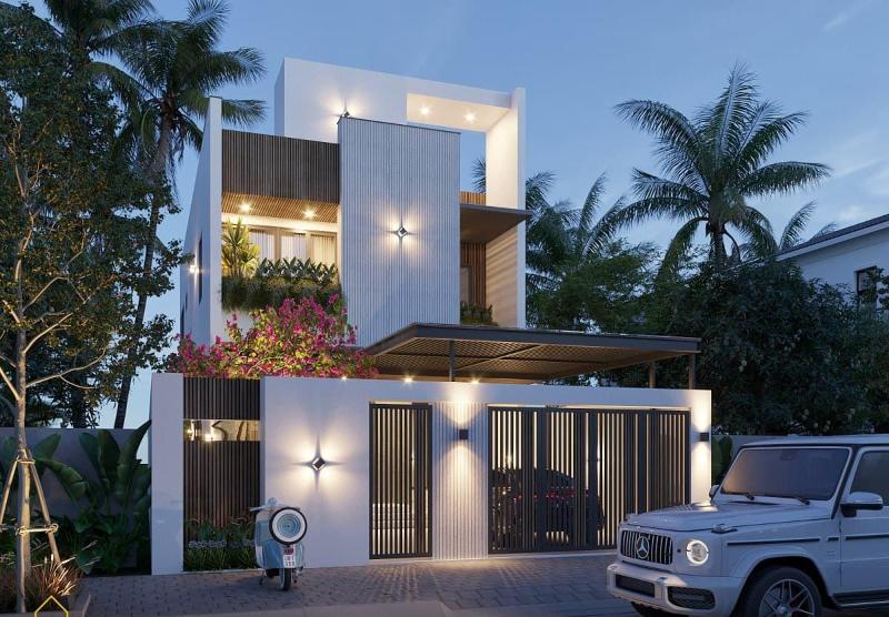 Mẫu thiết kế nhà mặt tiền 12m sâu 10m hiện đại tone màu sáng