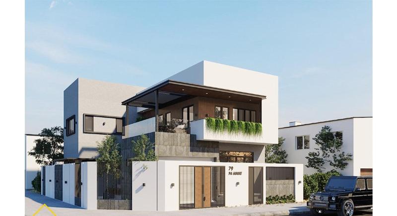 Mẫu nhà mặt tiền 12m sâu 10m mái bằng hiện đại