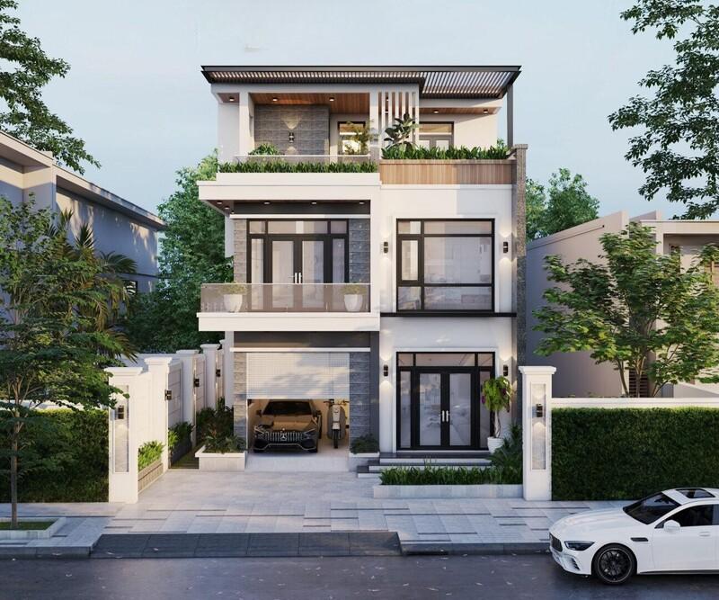 Mẫu nhà phố mặt tiền 7m với hình khối bề thế, tạo ấn tượng mạnh về thẩm mỹ ngay từ mặt tiền