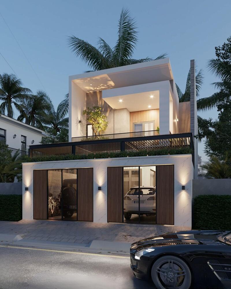 Mẫu thiết kế nhà phố mặt tiền 7m kết hợp ban công và mảng xanh, mang lại cảm giác sang trọng và thoáng đãng