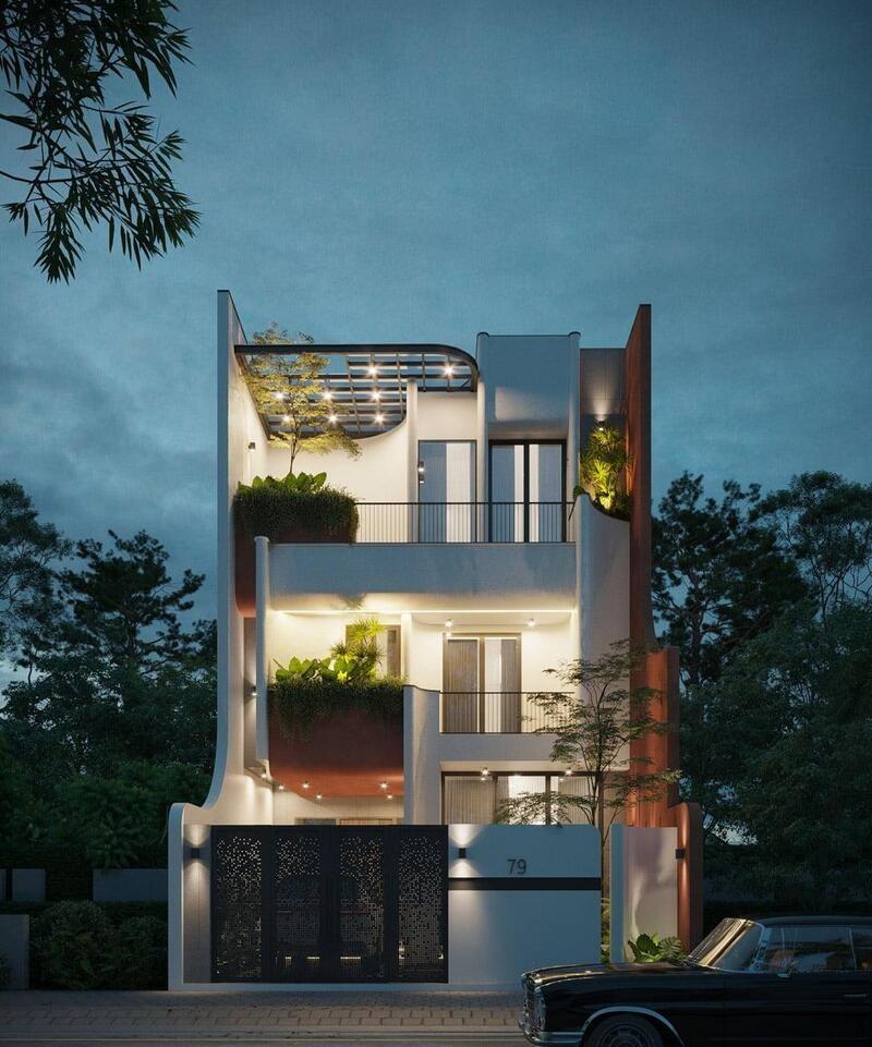Mẫu thiết kế nhà phố 3 tầng hiện đại với hình khối rõ ràng, giúp mở rộng không gian sử dụng cho gia đình