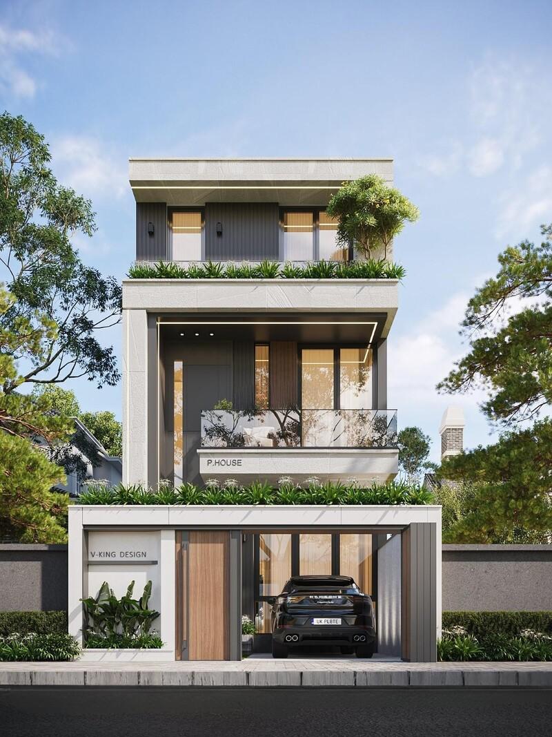 Mẫu thiết kế nhà phố mái bằng với phong cách hiện đại, hình khối vuông vức tạo cảm giác trẻ trung và gọn gàng