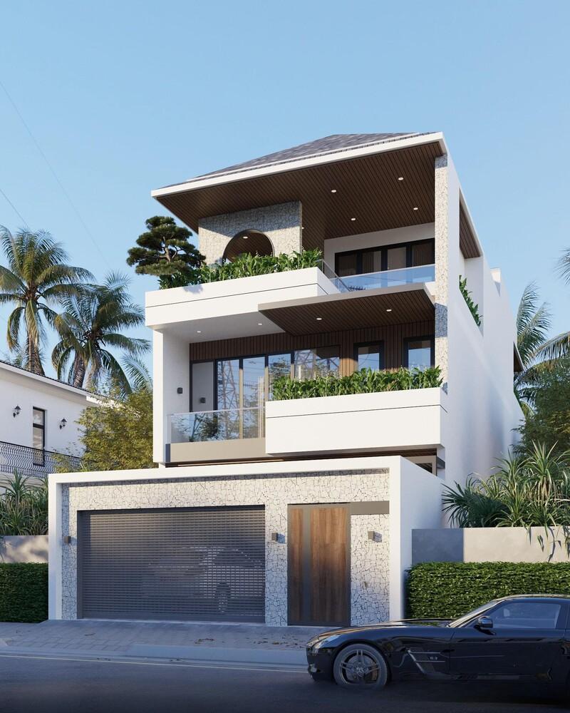 Mẫu thiết kế nhà phố mái Nhật với phần mái dốc nhẹ, tạo sự cân bằng và hài hòa cho tổng thể kiến trúc