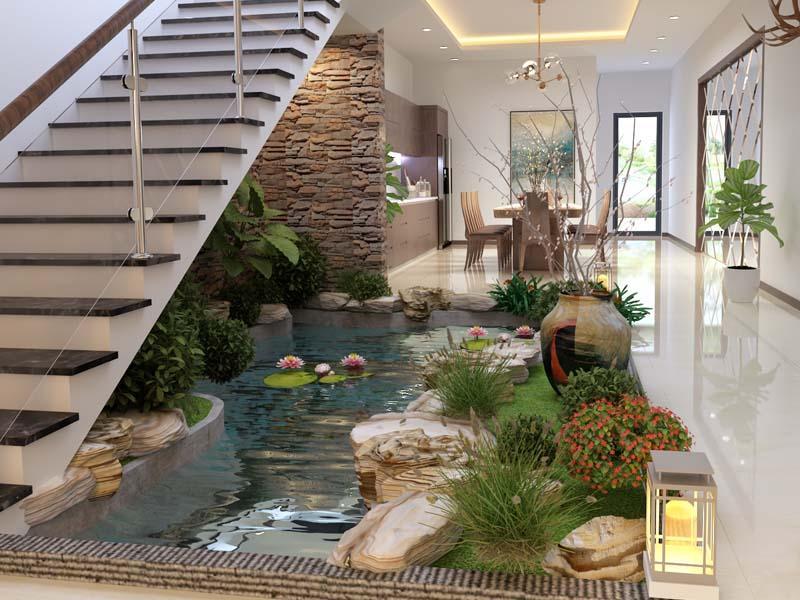 Mẫu tiểu cảnh sân vườn mini kết hợp với cây cảnh được yêu thích nhờ vẻ đẹp xanh mát