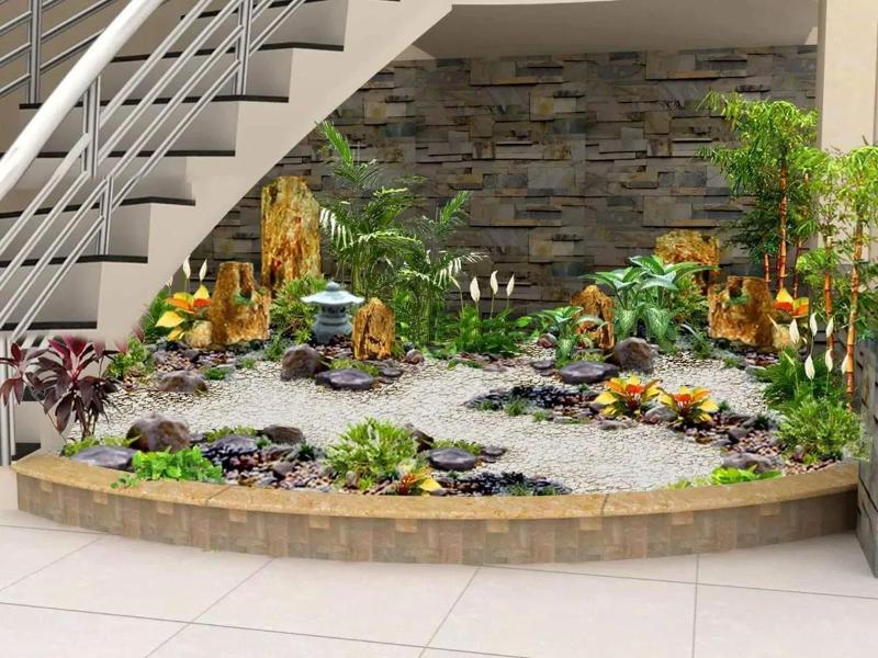 Mẫu tiểu cảnh có nhiều các loại cây bonsai, trúc, dương xỉ được sắp xếp khéo léo