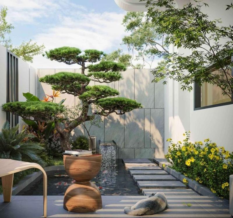 Mẫu tiểu cảnh sân vườn mini với nhiều loại chum vại không đồng nhất