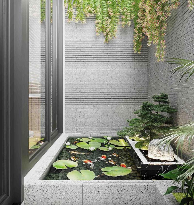 Mẫu tiểu cảnh sân vườn mini với giếng trời giúp tận dụng ánh sáng tự nhiên