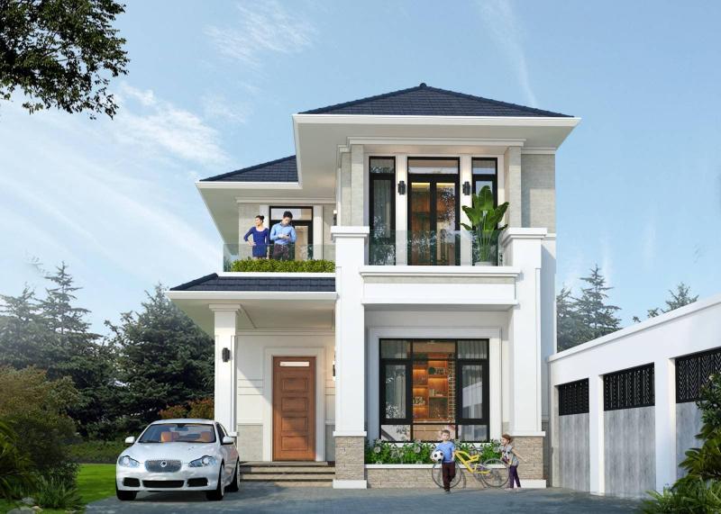 Mặt tiền nhà 2 tầng 8x10m hiện đại thu hút với tone màu nhã nhặn, ban công thoáng đãng