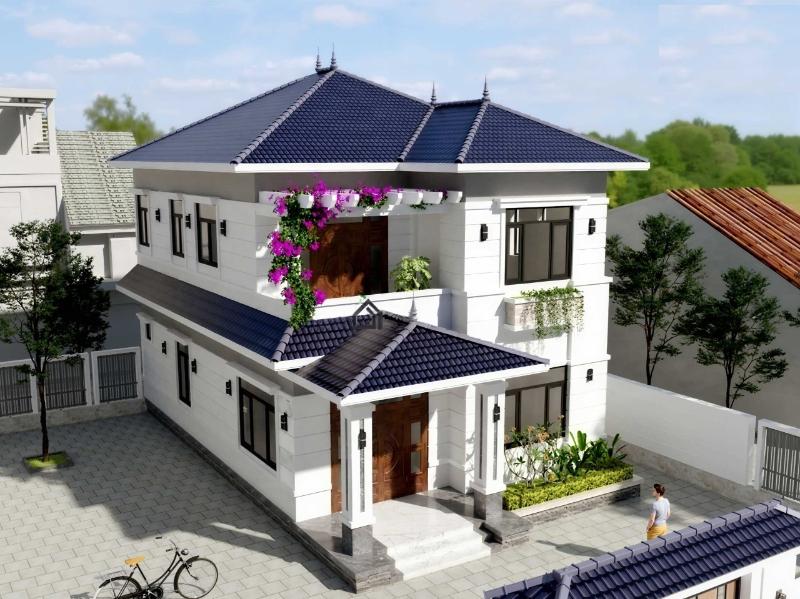 Mặt tiền trẻ trung với tone màu sáng, sử dụng mái Thái hoặc mái Nhật với độ bền cao