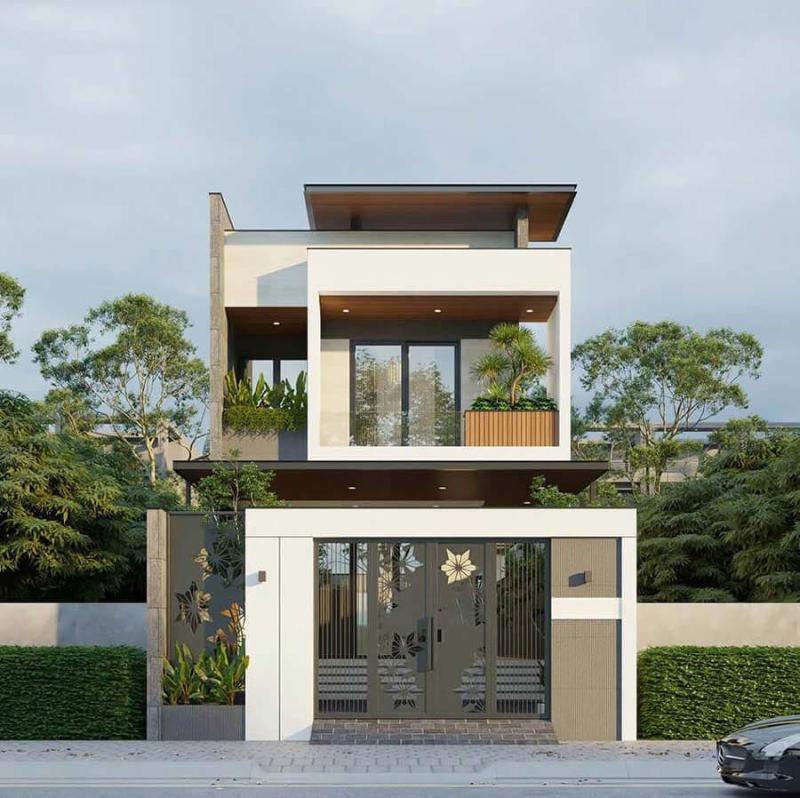 Mẫu nhà 2 tầng mái bằng 8x10m có thiết kế trẻ trung, sử dụng các tone màu sáng làm chủ đạo