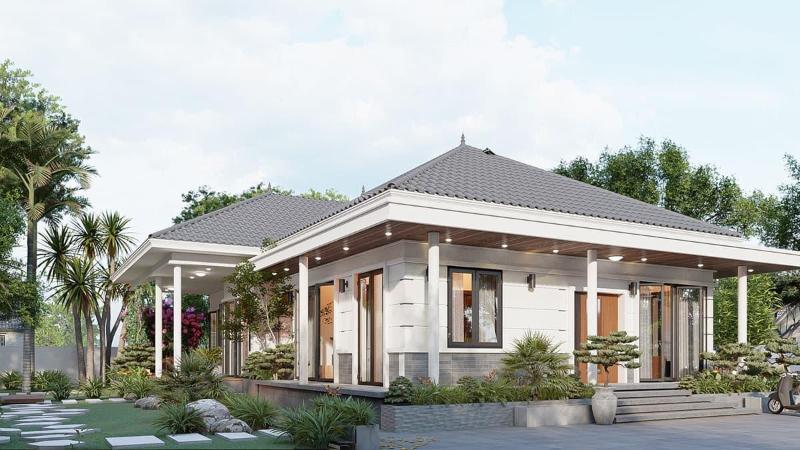 Mẫu nhà 1 tầng mái ngói dạng lệch với diện mạo ấn tượng