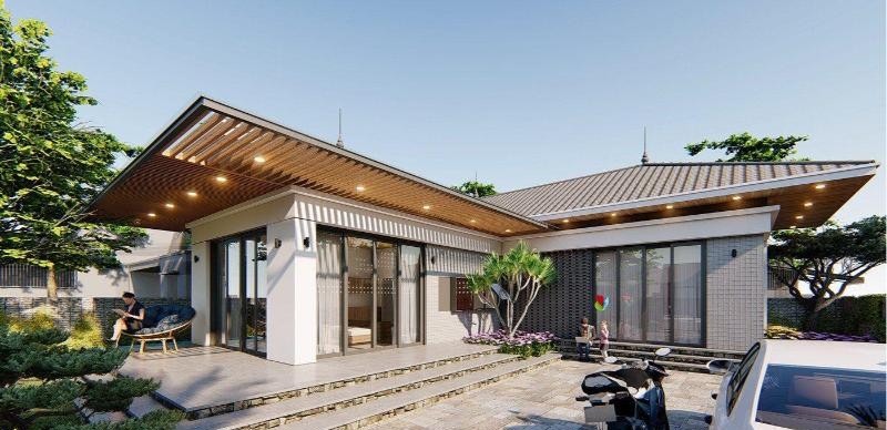 Mẫu nhà cấp 4 chữ L mái tôn kiểu Nhật có độ dốc phần mái nhẹ