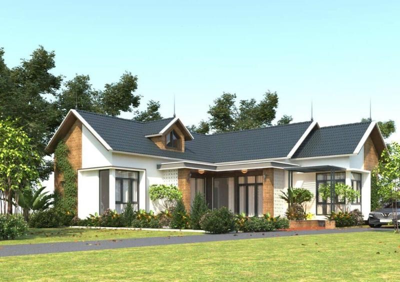 Mẫu nhà cấp 4 chữ L kiểu biệt thự mái tôn phù hợp với khu đất có diện tích lớn