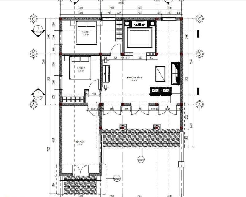 Mặt bằng công năng nhà cấp 4 chữ L mái tôn có 2 phòng ngủ