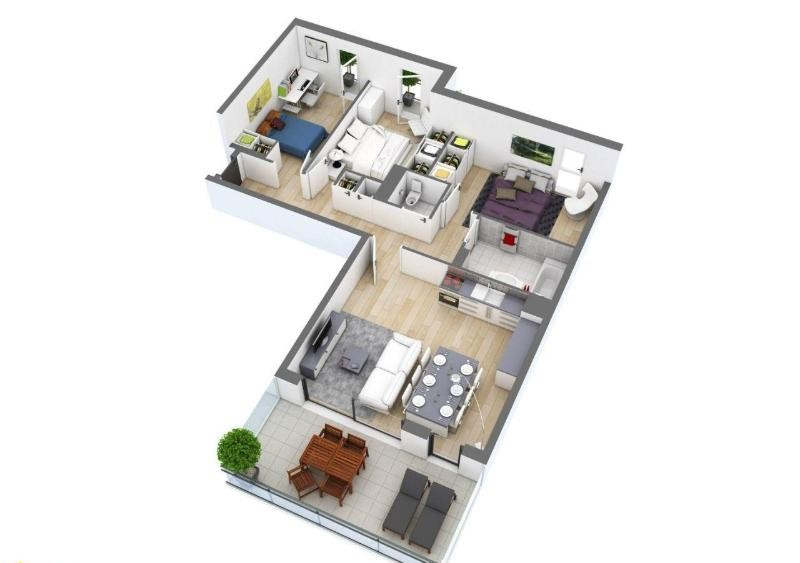 Mặt bằng nhà cấp 4 hình chữ L mái tôn có 3 phòng ngủ