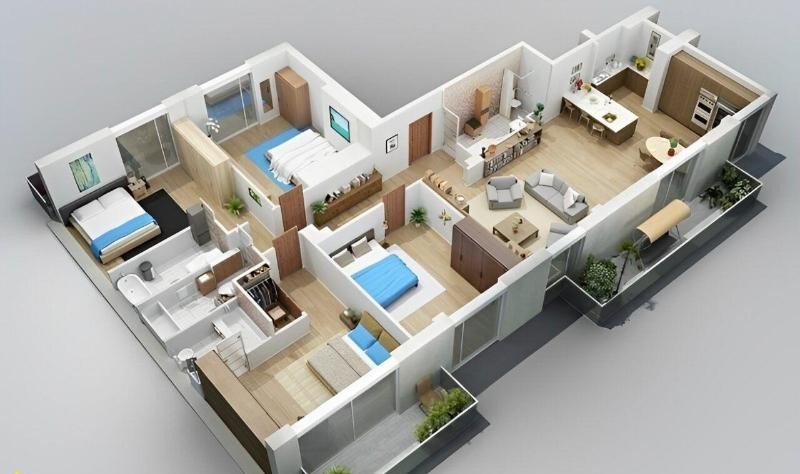 Mặt bằng nhà cấp 4 chữ L mái tôn có 4 phòng ngủ