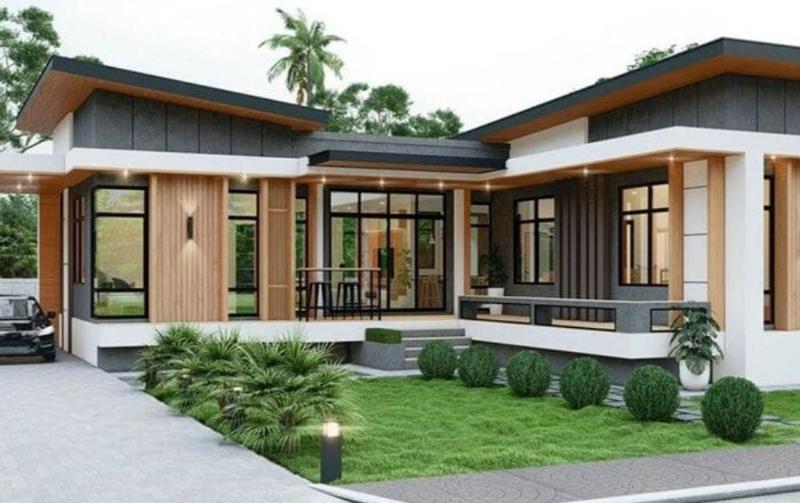 Mẫu nhà chữ L 1 tầng mái lệch phù hợp với khí hậu tạo nước ta