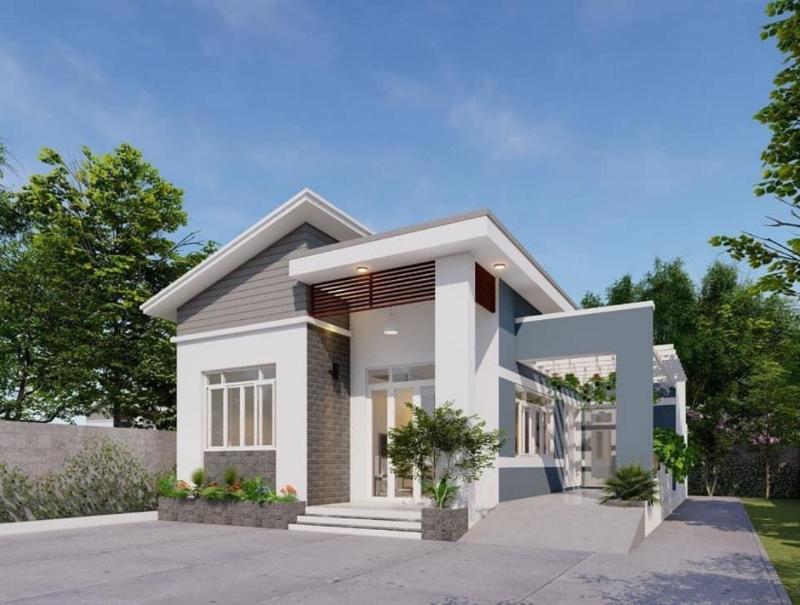 Mẫu nhà 1 tầng mái lệch chữ L có diện mạo cao ráo