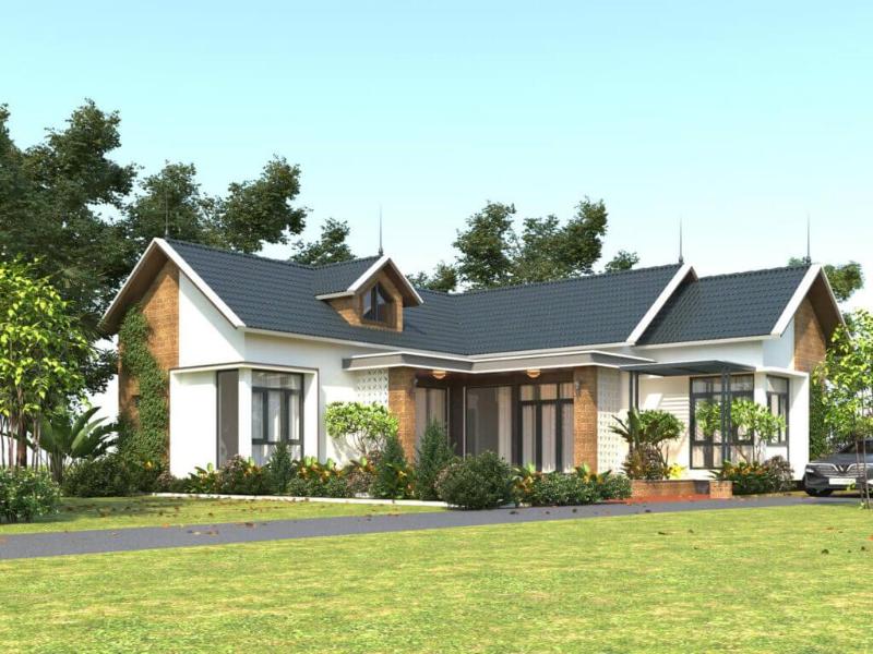 Mẫu thiết kế nhà1 tầng chữ L ở nông thôn với sân vườn rộng rãi, thoáng mát