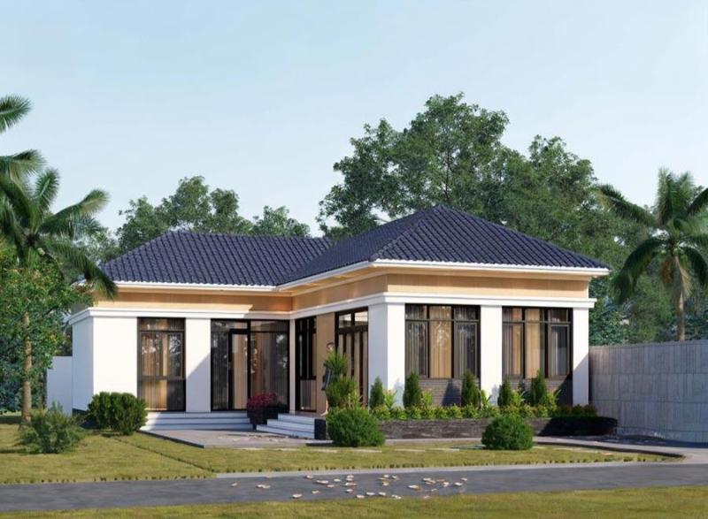 Mẫu nhà 1 tầng chữ L ở nông thôn có chi phí xây dựng thấp