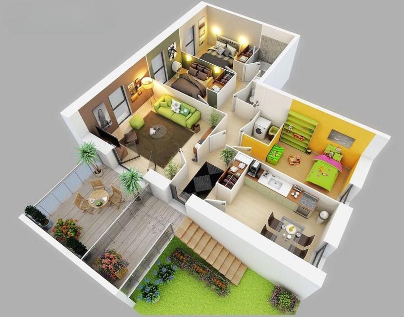 Bản thiết kế công năng nhà 1 tầng chữ L 3 phòng ngủ