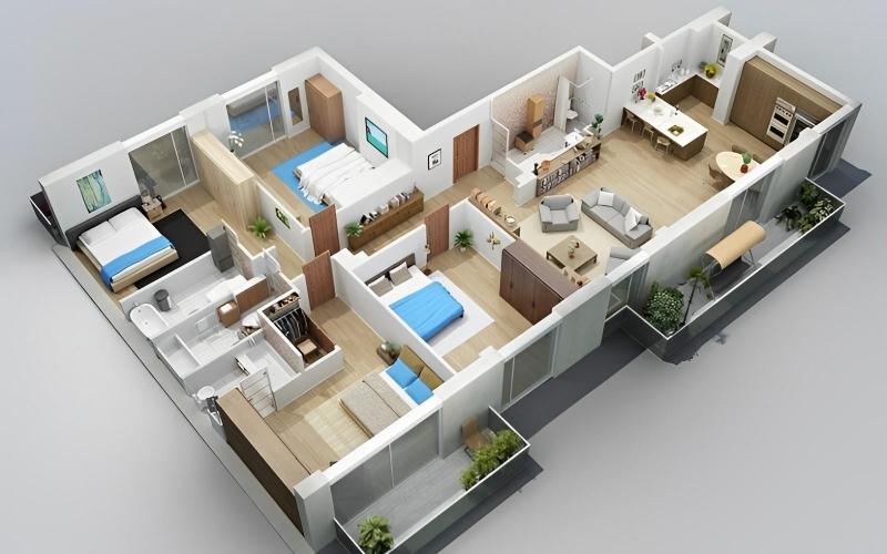 Bản vẽ chi tiết các phòng của mẫu nhà chữ L 1 tầng 4 phòng ngủ ấn tượng