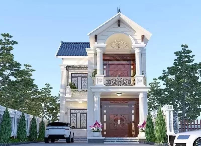Mẫu nhà 2 tầng tân cổ điển 3 phòng ngủ 80m2 với tone màu sáng thanh lịch