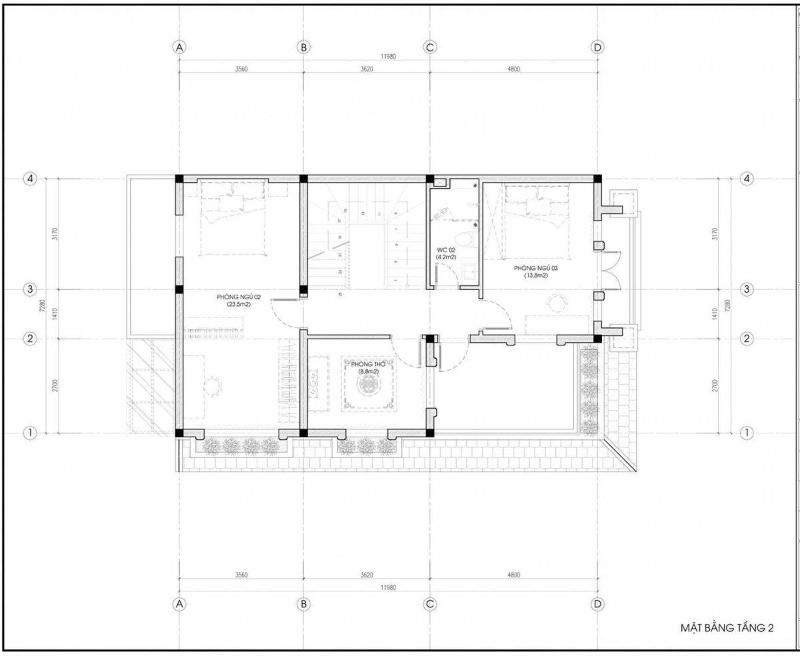Thiết kế mặt bằng tầng 2 nhà 2 tầng 50m2 3 phòng ngủ